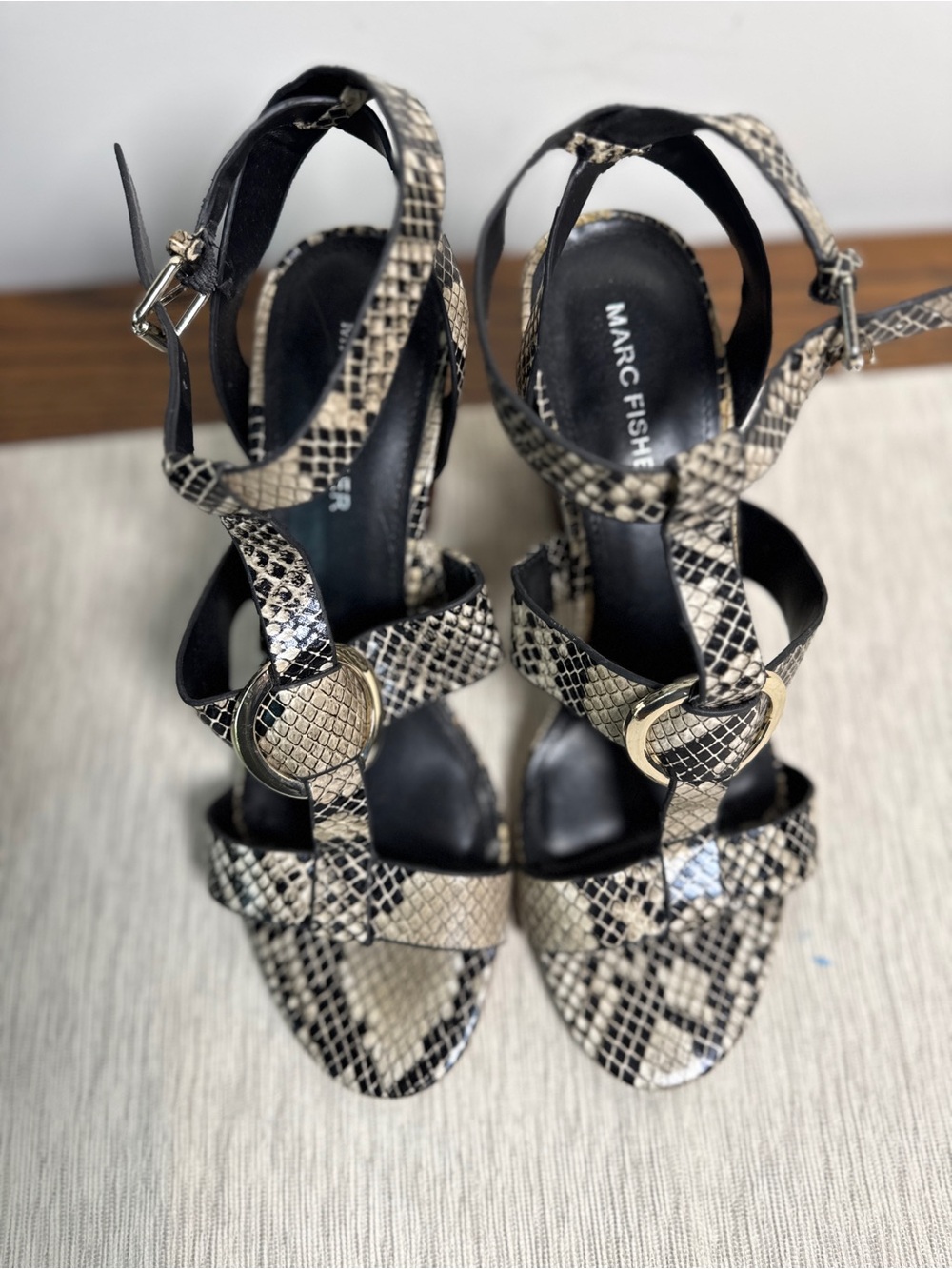 Marc Fisher Black & Cream Snake-Print Strappy Heels